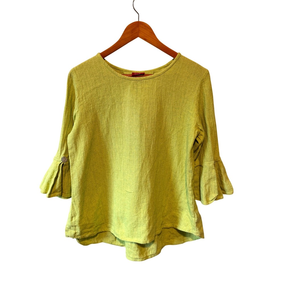 TOOFAN | Bell Sleeve Top Women Large Lime Green Cotton Lagenlook Boho Blouse
